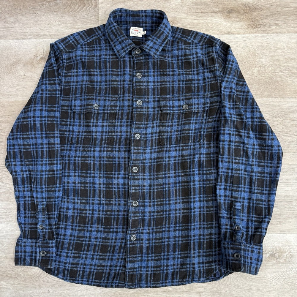 Faherty Mens L Vintage Twill Workshirt Long Sleeve Indigo Blue Black Button Up